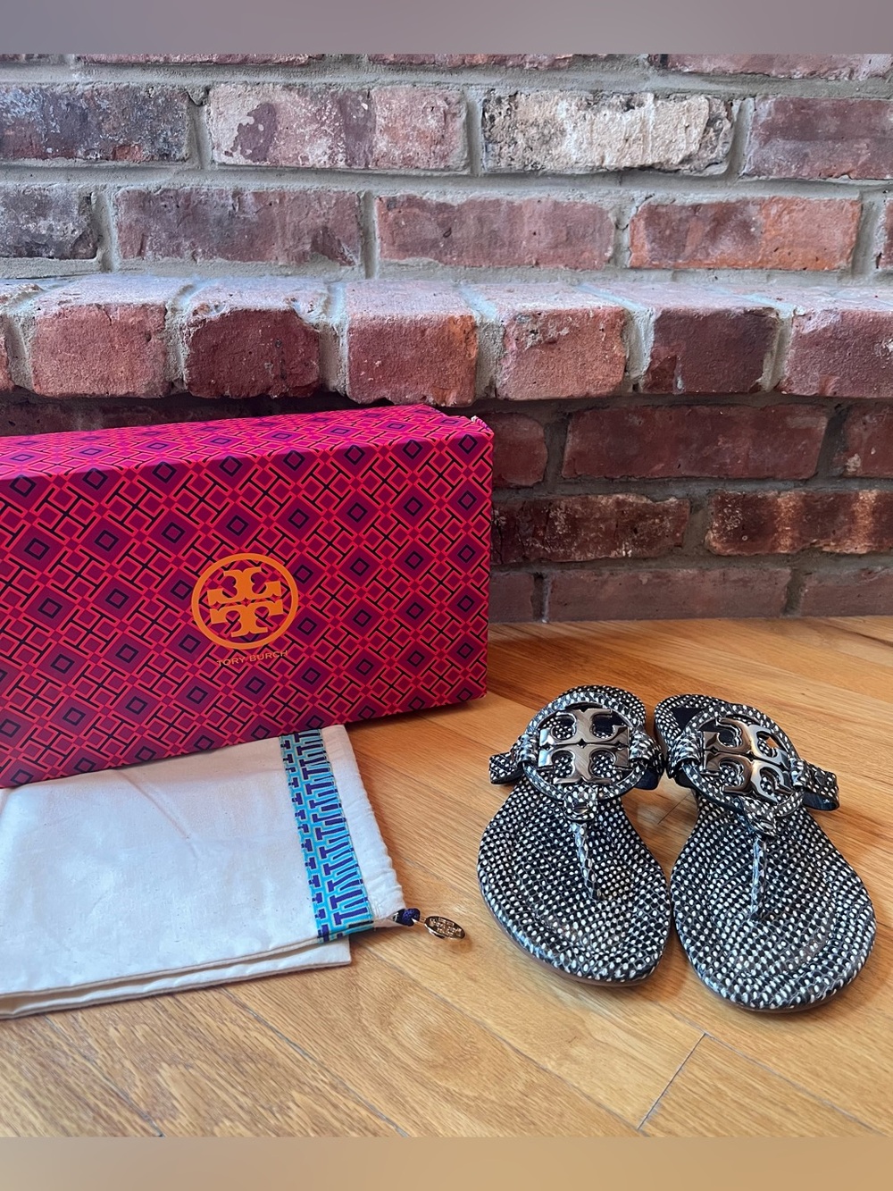 Tory Burch Black Polka Dot Snake Print Embossed Leather Metal Miller 2 Sandals